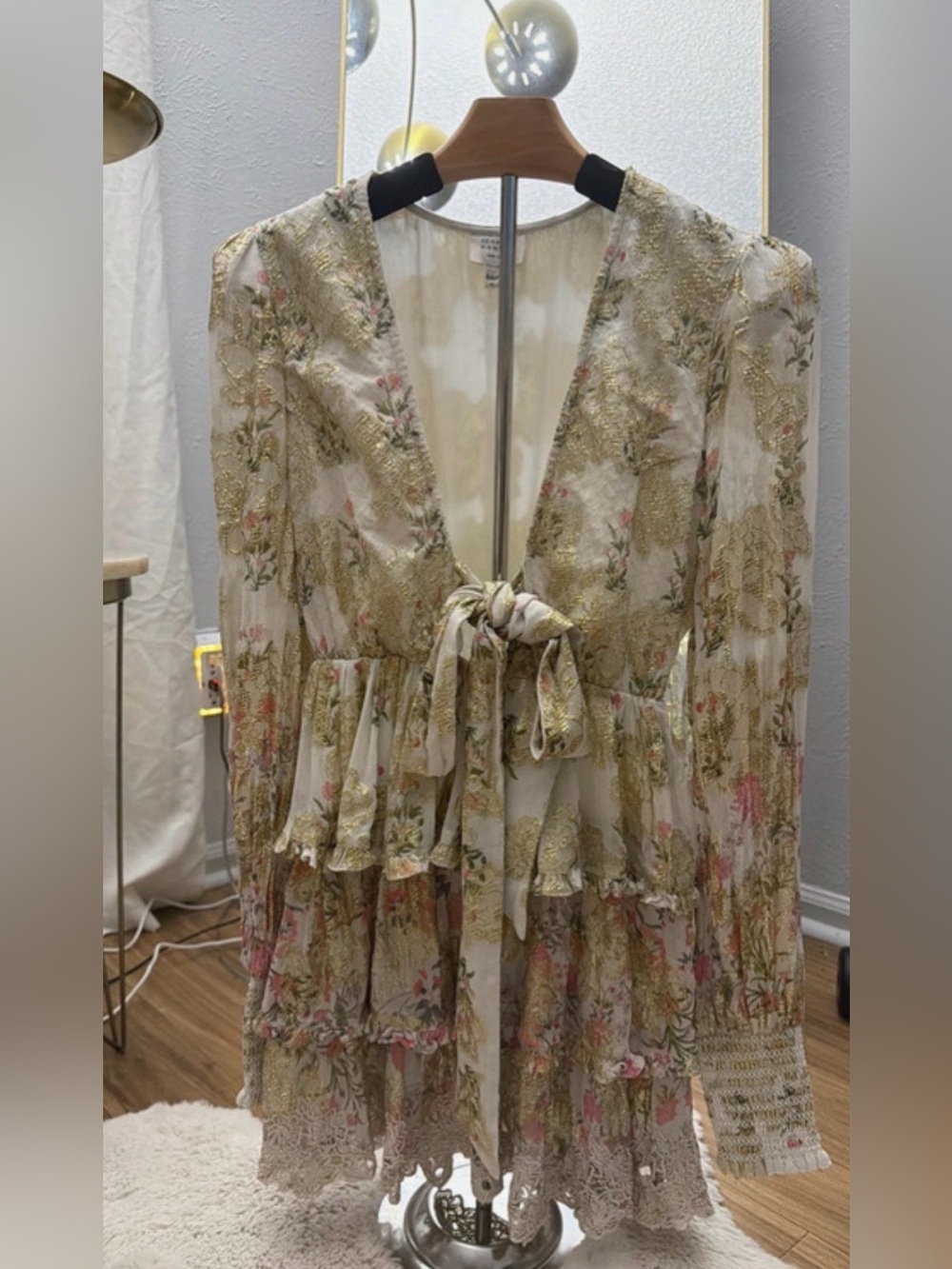 HEMANT & NANDITA Sheer Floral Tie-Front Robe in Cream and Gold